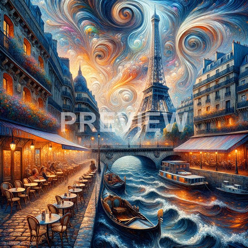 The image depicts a fantastical rendition of a Parisian canal scene with the Eiffel Tower prominently leaning at an angle, surrounded by swirling, colorful skies reminiscent of Van Gogh's starry night. Classic Parisian buildings line both sides of the canal, with warm lights emanating from windows and outdoor cafes. The waterway is bustling with boats, and the entire scene is infused with a dreamlike, surreal atmosphere created by swirling patterns and vibrant, swirling colors in the sky.